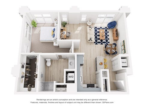 A 3D floor plan of a 1 bedroom apartment with a kitchen, living room, and bedroom, walk-in closet